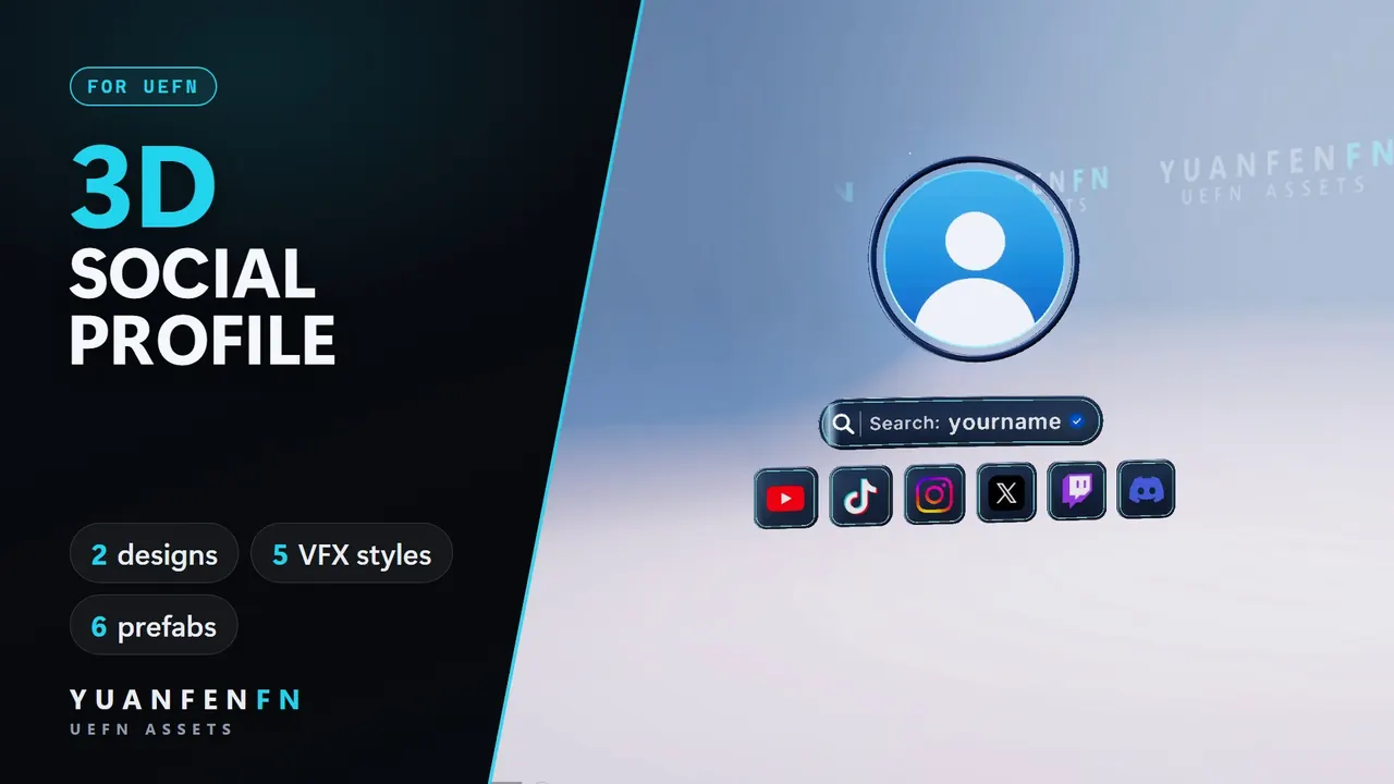3D social profile with name search and six social icons